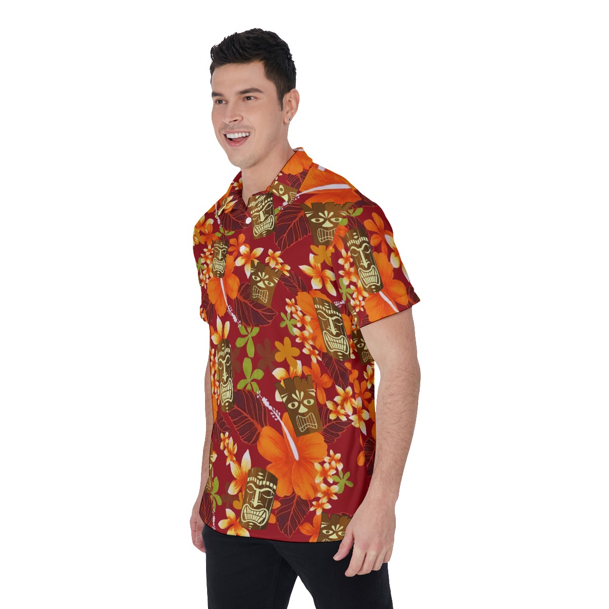 Cute Tiki Hibicus Orange Hawaiian Polo Shirt For Men