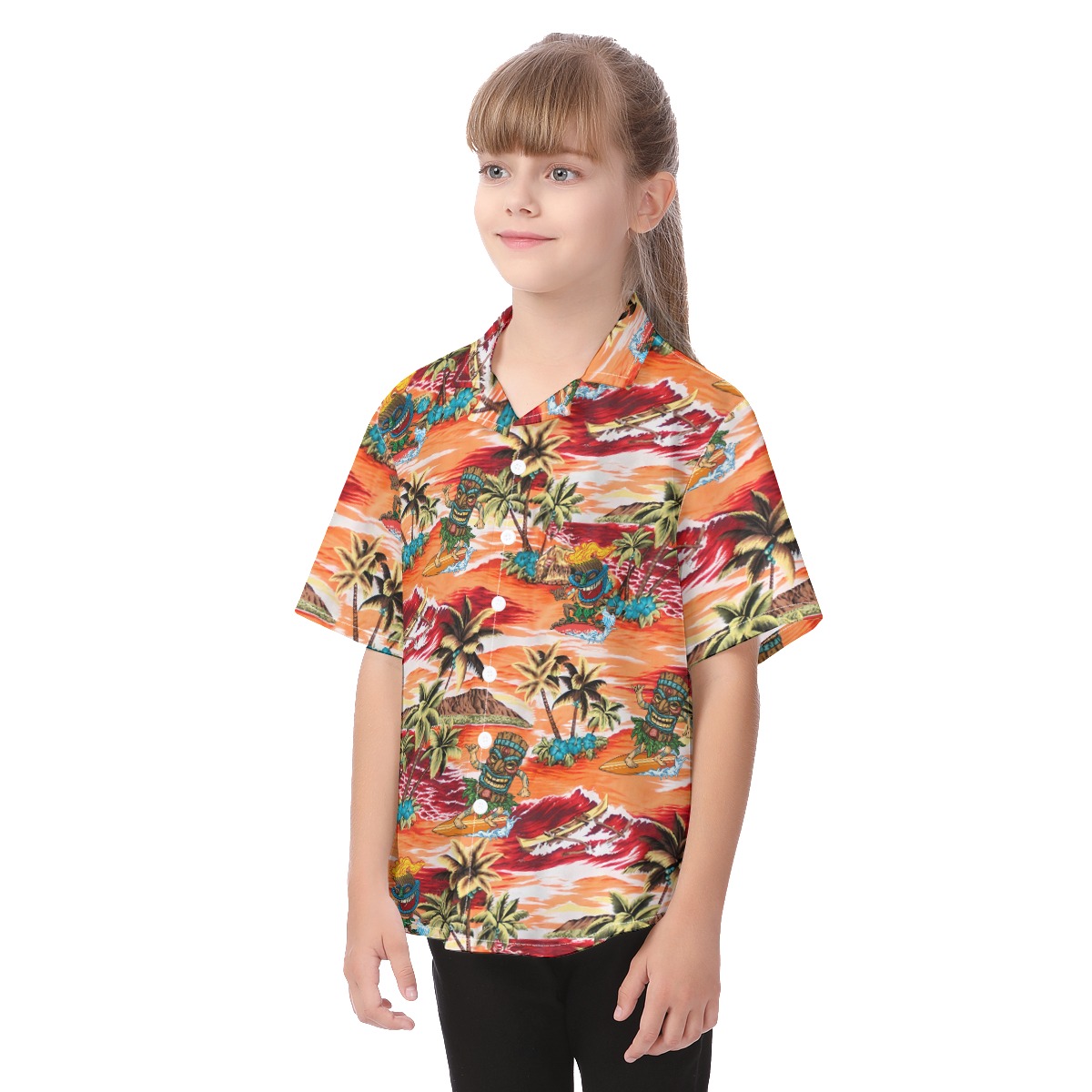 Cute Tiki Surfing Tropical Orange Aloha Shirt For Kids