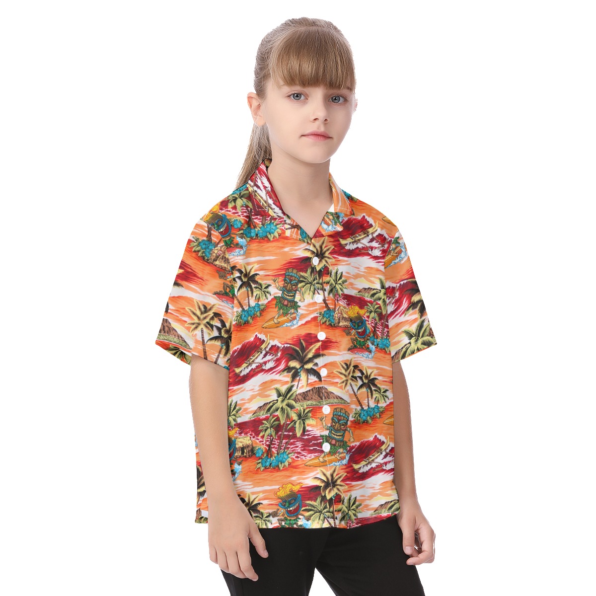Cute Tiki Surfing Tropical Orange Aloha Shirt For Kids