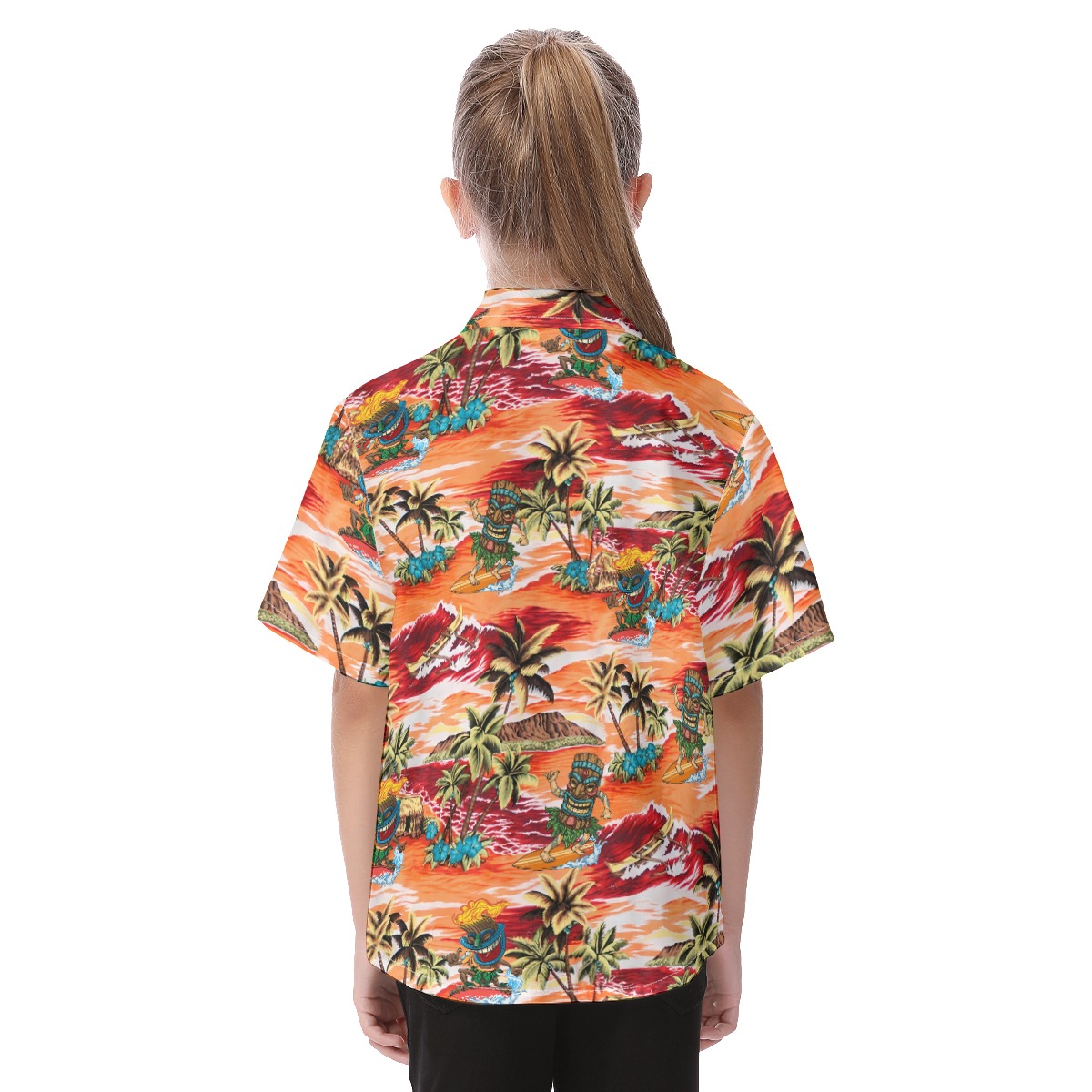 Cute Tiki Surfing Tropical Orange Aloha Shirt For Kids