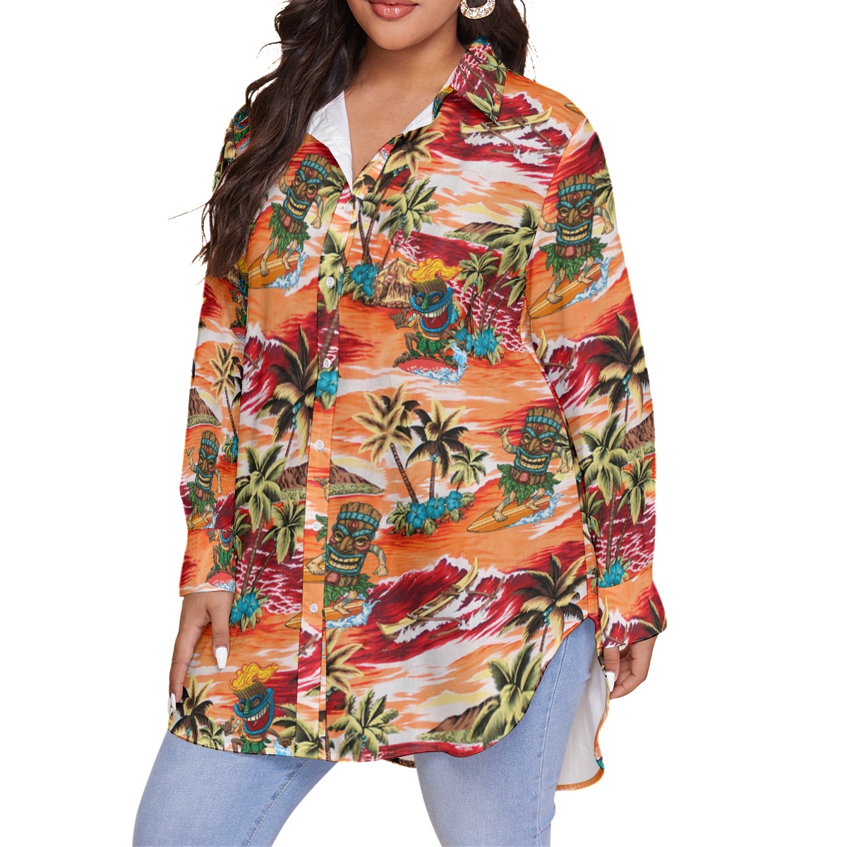Funny Tiki Surfing Tropical Orange Hawaiian Plus Size Shirt For Women