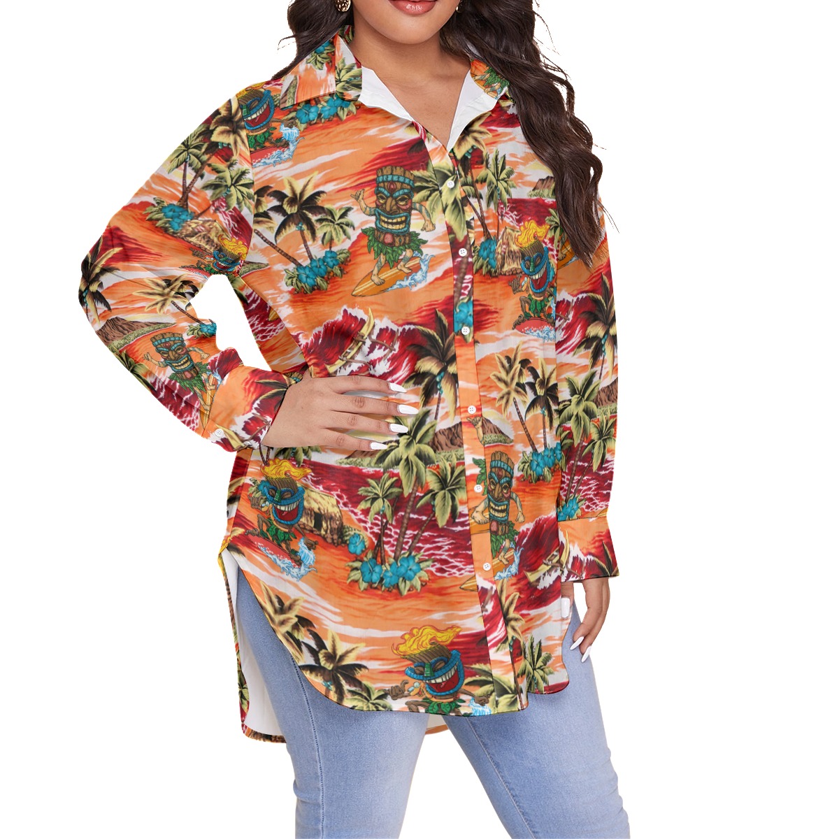Funny Tiki Surfing Tropical Orange Hawaiian Plus Size Shirt For Women