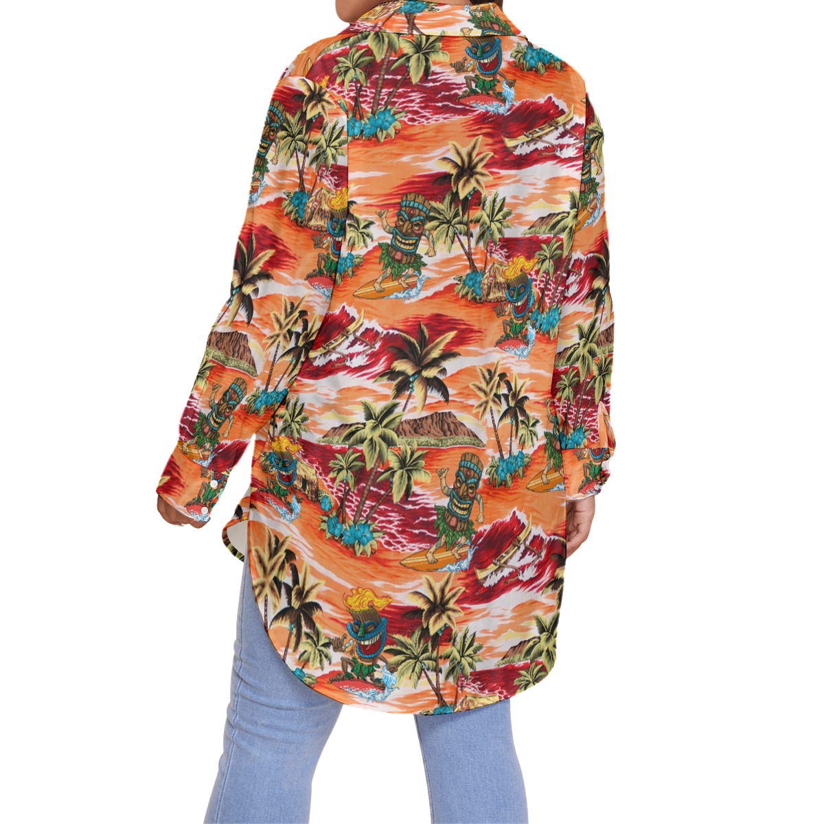Funny Tiki Surfing Tropical Orange Hawaiian Plus Size Shirt For Women