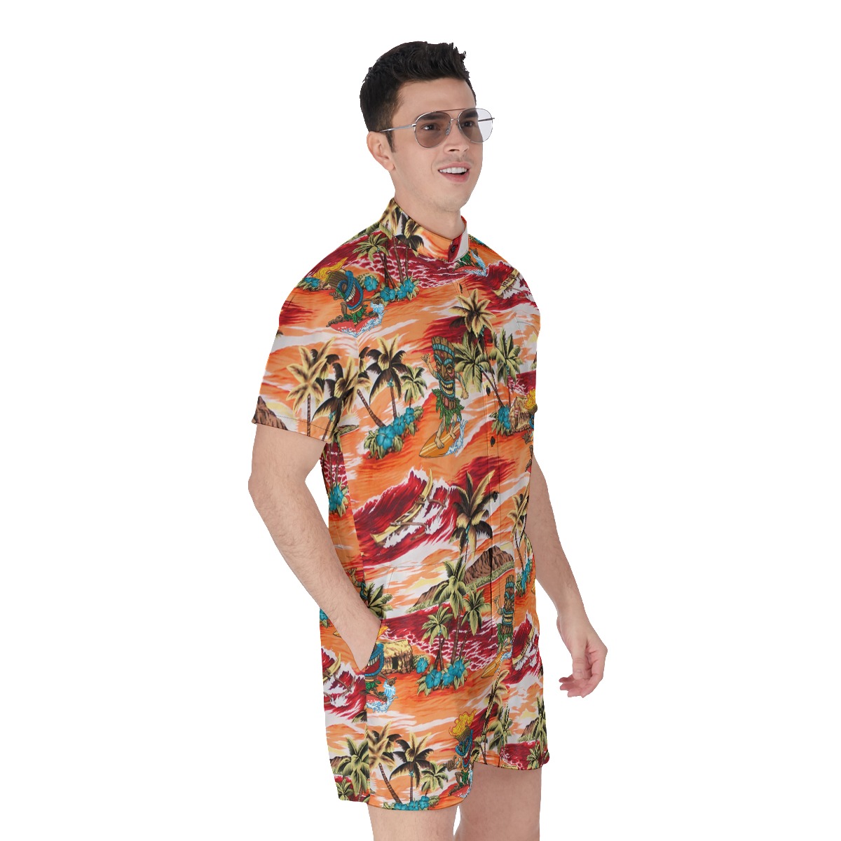 Tropical Palm Tree Tiki Surfing Men's Orange Hawaiian Romper