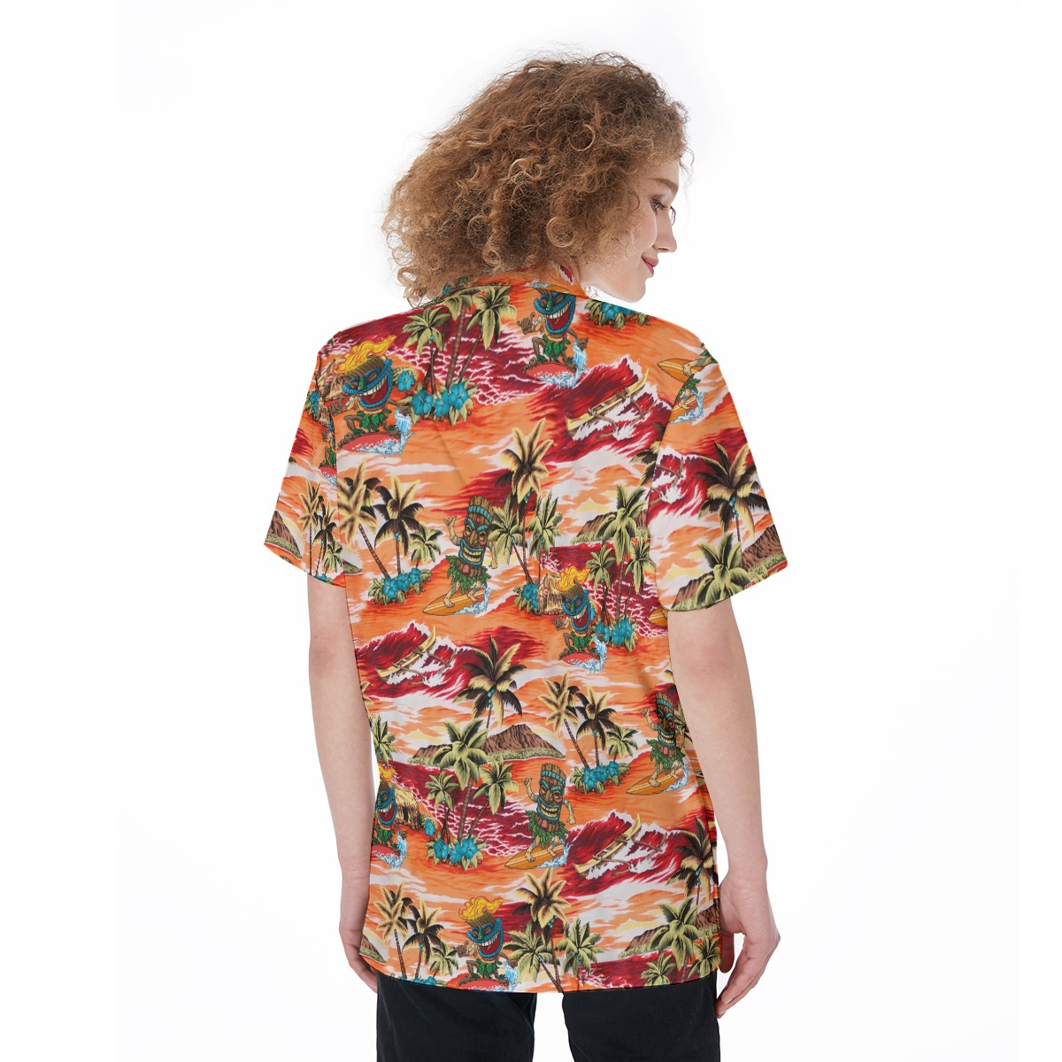 Funny Surfing Tiki Tropical Orange Hawaiian Shirt For Women
