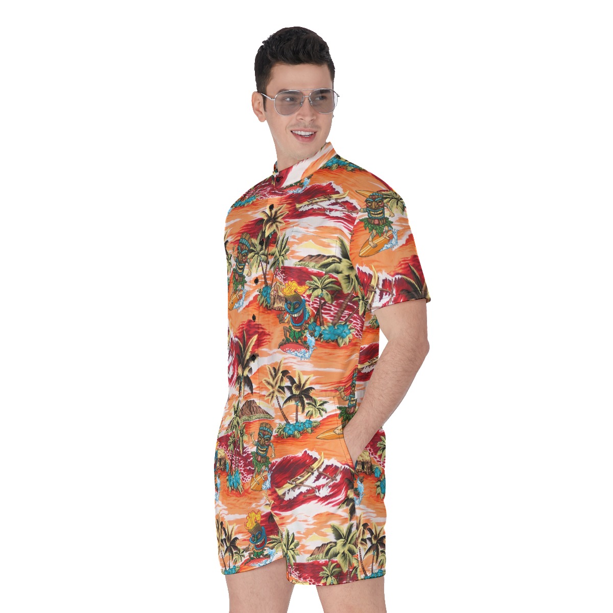 Tropical Palm Tree Tiki Surfing Men's Orange Hawaiian Romper