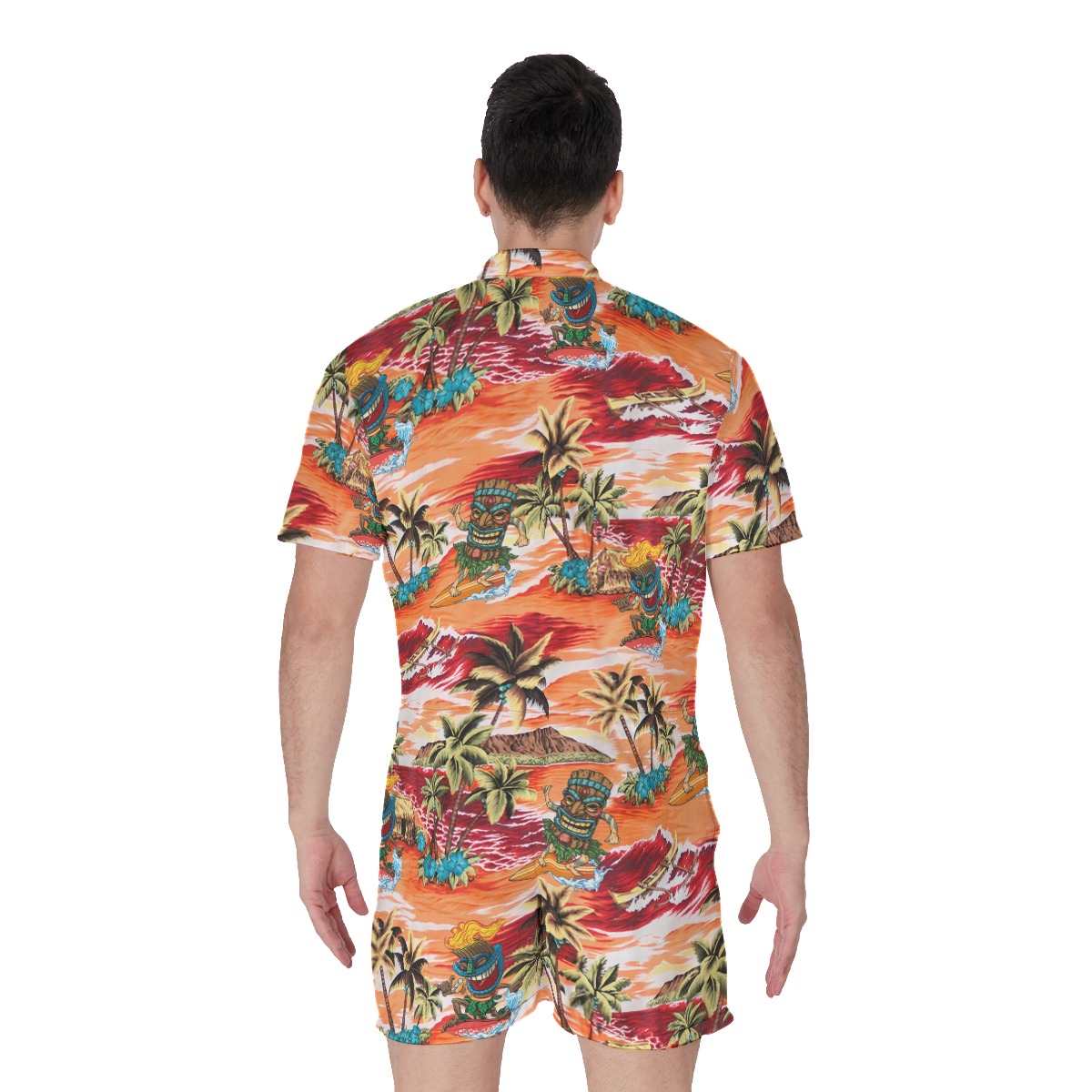 Tropical Palm Tree Tiki Surfing Men's Orange Hawaiian Romper