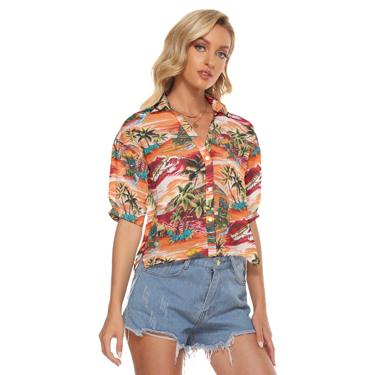 Tropical Palm Tree Tiki Surfing Hawaiian Crop Top Shirt For Women