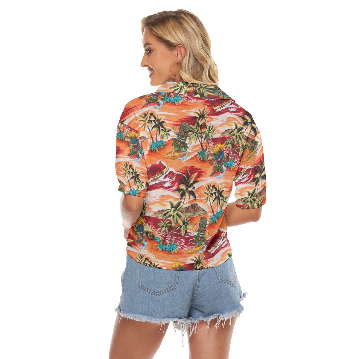 Tropical Palm Tree Tiki Surfing Hawaiian Crop Top Shirt For Women