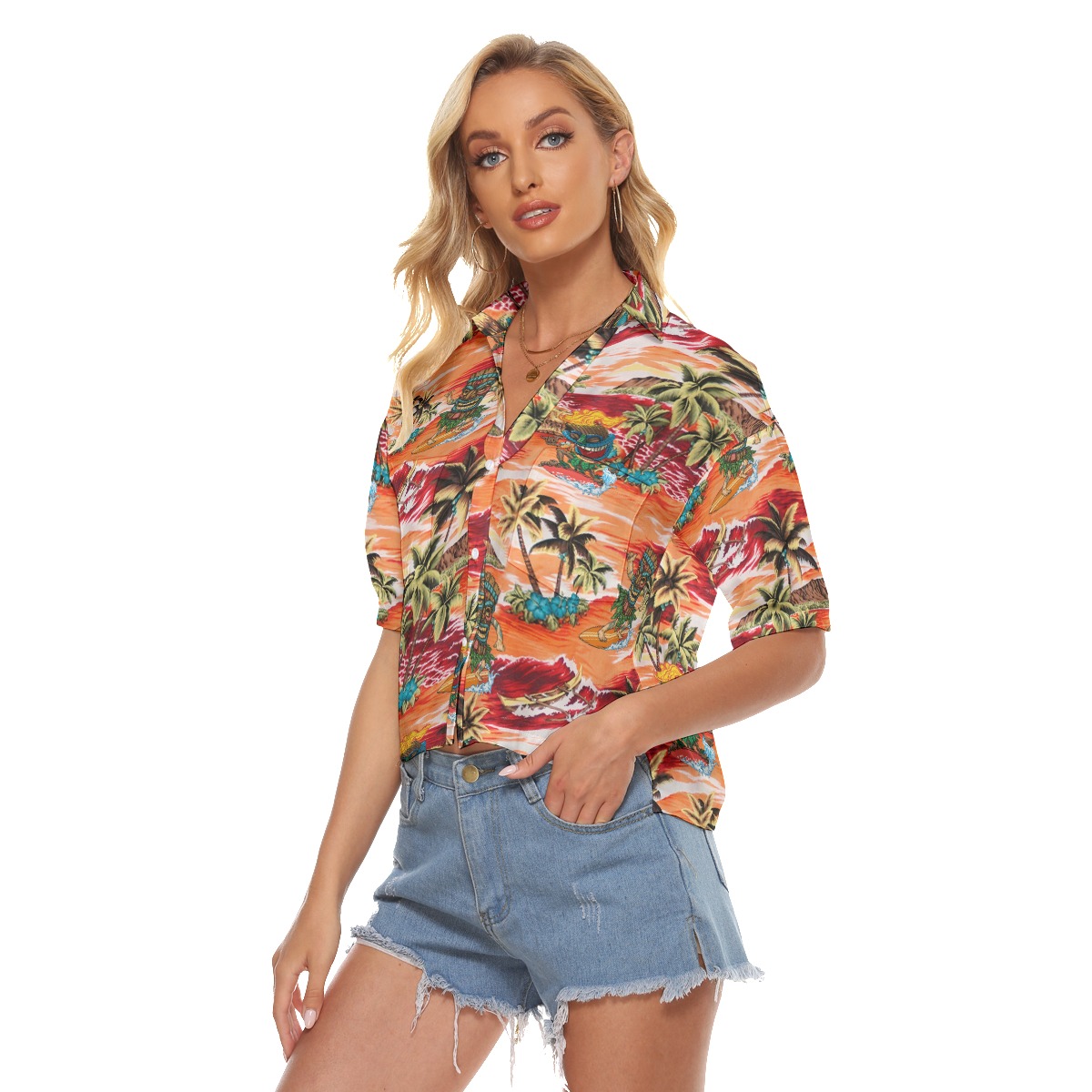 Tropical Palm Tree Tiki Surfing Hawaiian Crop Top Shirt For Women