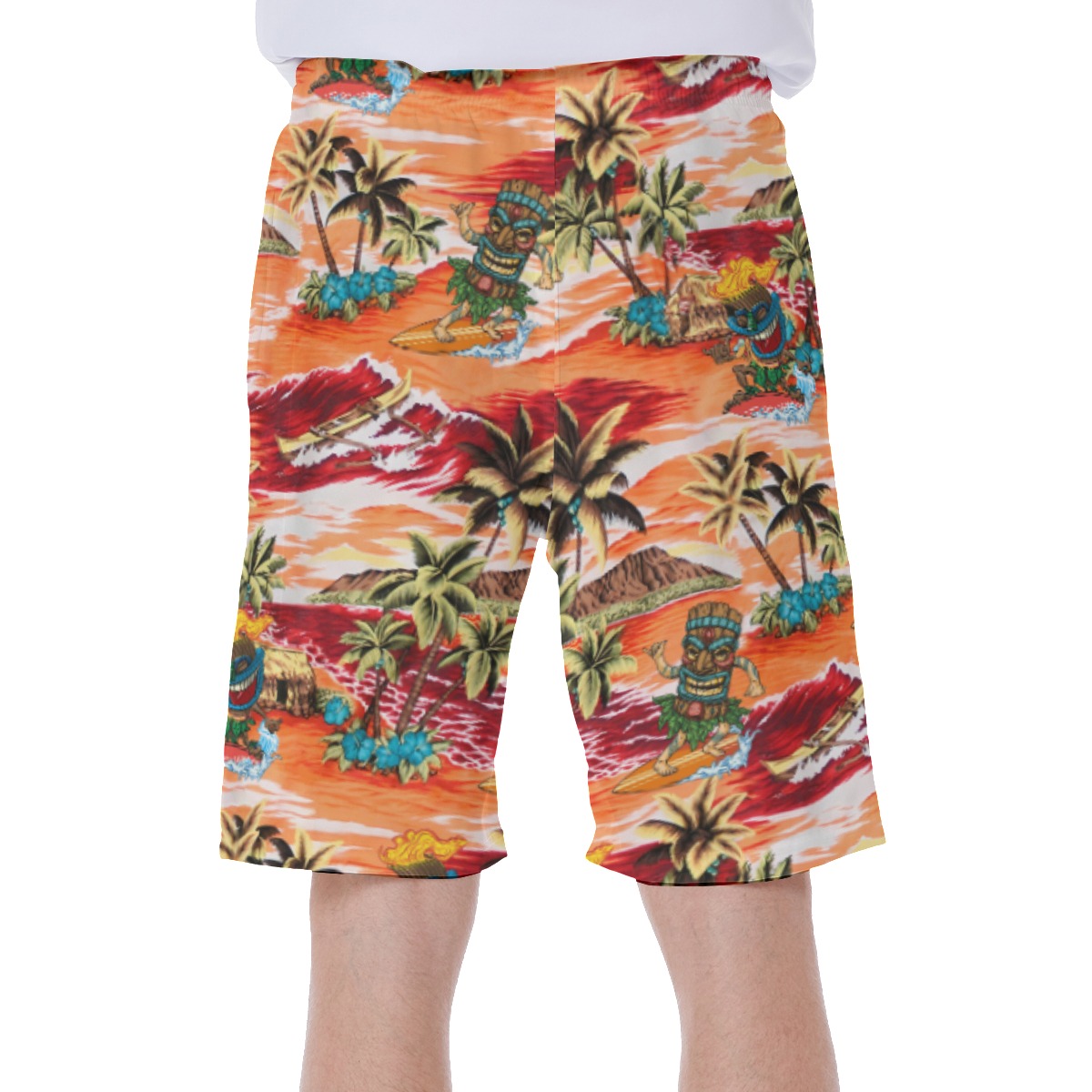 Funny Tiki Surfing Tropical Palm Tree Orange Hawaiian Swim Trunks For Men