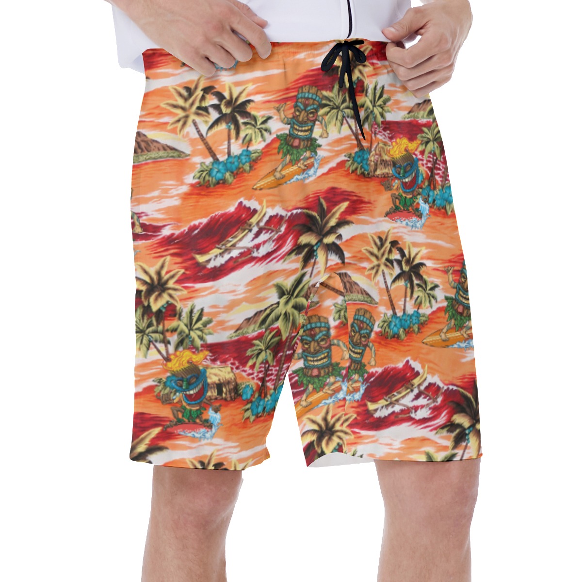 Funny Tiki Surfing Tropical Palm Tree Orange Hawaiian Swim Trunks For Men