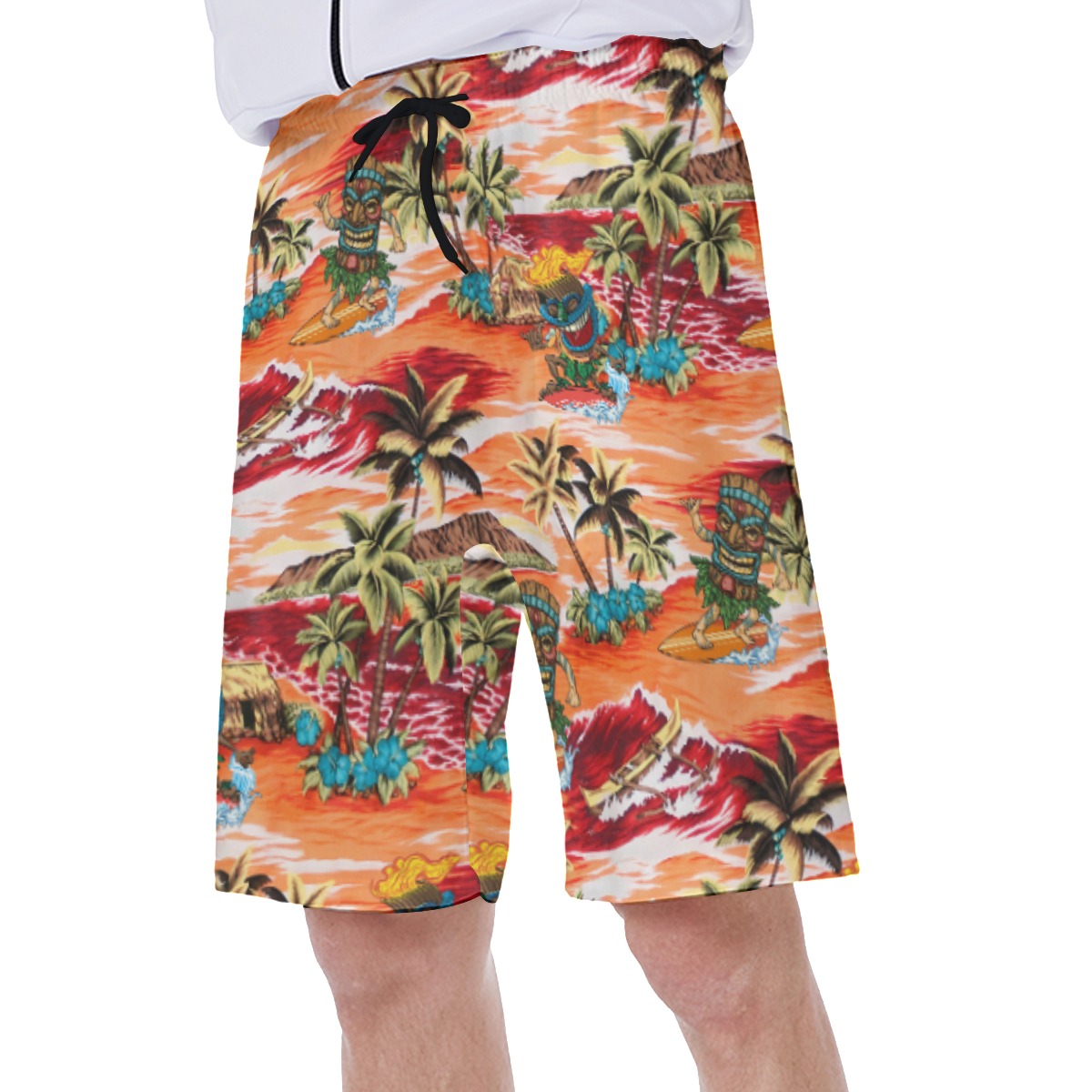 Funny Tiki Surfing Tropical Palm Tree Orange Hawaiian Swim Trunks For Men