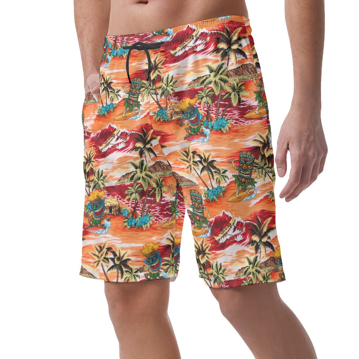 Funny Tiki Surfing Tropical Orange Hawaiian Beach Shorts For Men