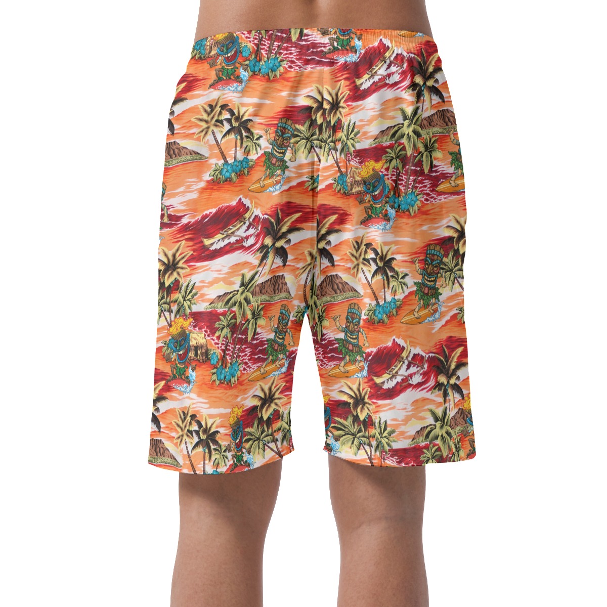 Funny Tiki Surfing Tropical Orange Hawaiian Beach Shorts For Men