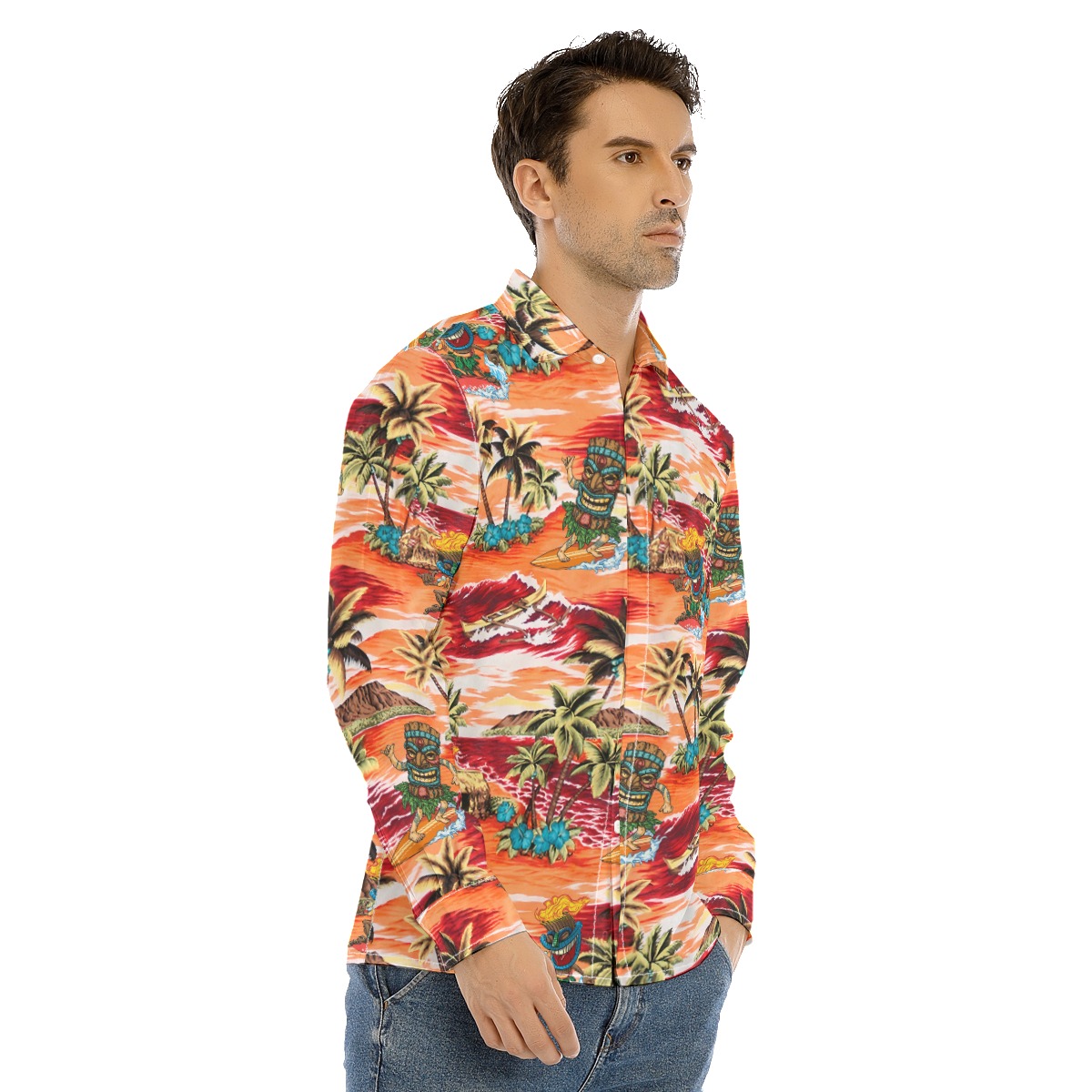 Tropical Tiki Surfing Orange Hawaiian Long Sleeve Shirt For Men