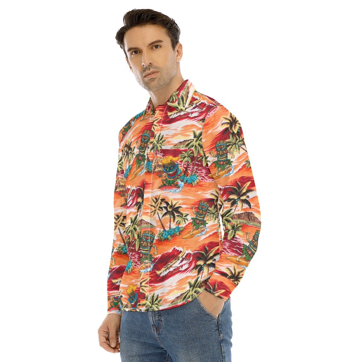 Tropical Tiki Surfing Orange Hawaiian Long Sleeve Shirt For Men
