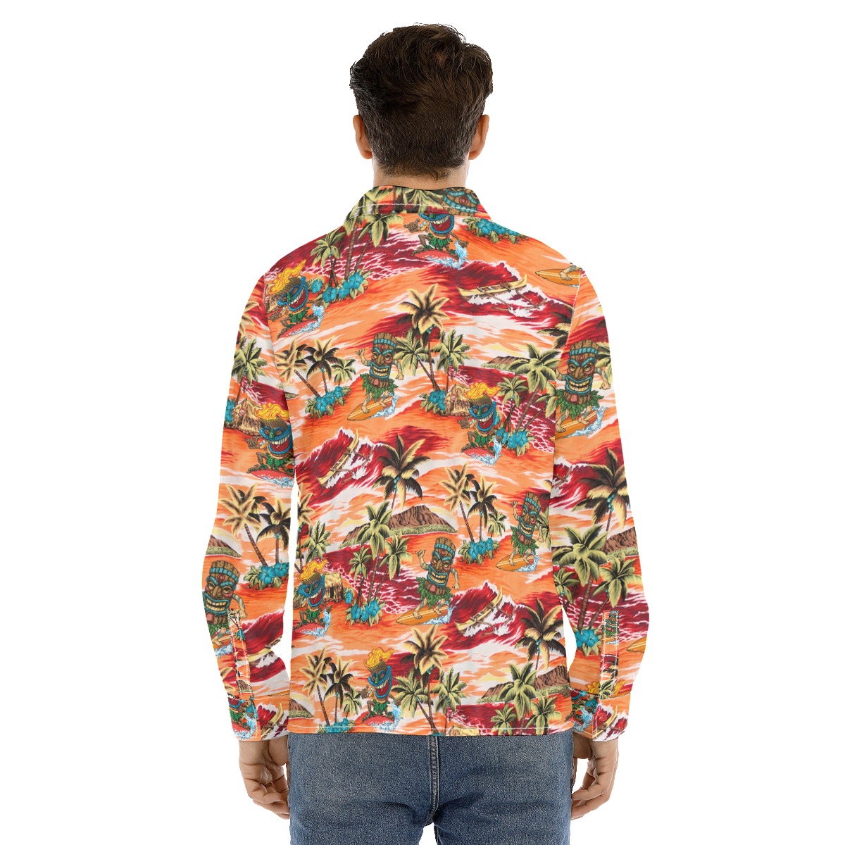 Tropical Tiki Surfing Orange Hawaiian Long Sleeve Shirt For Men