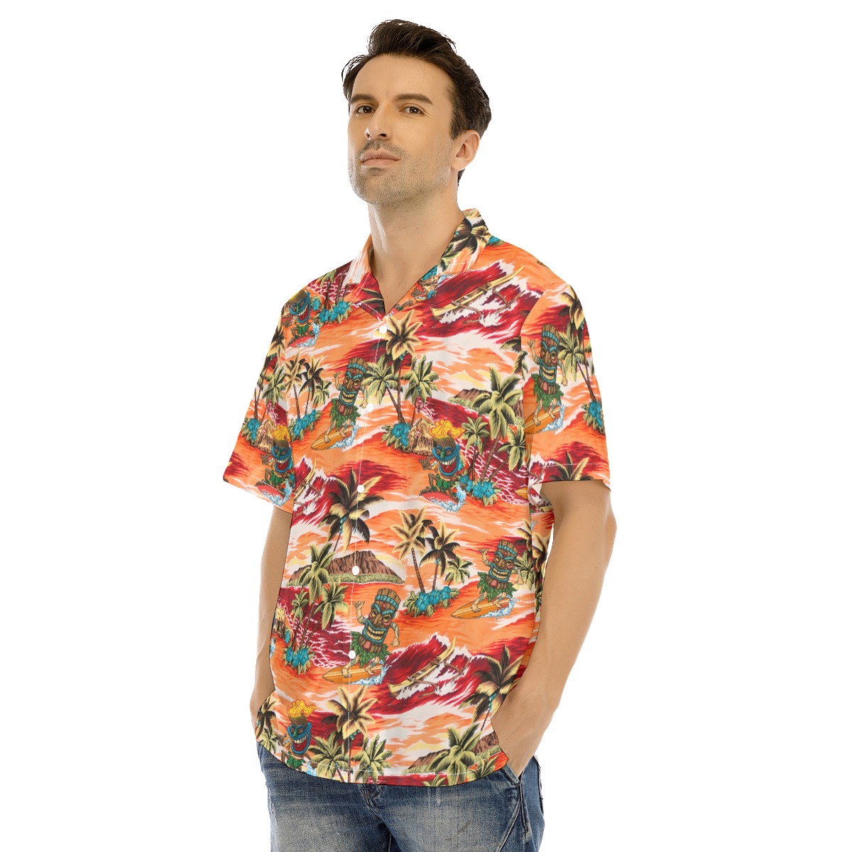 Funny Tiki Surfing Orange Hawaian Shirt