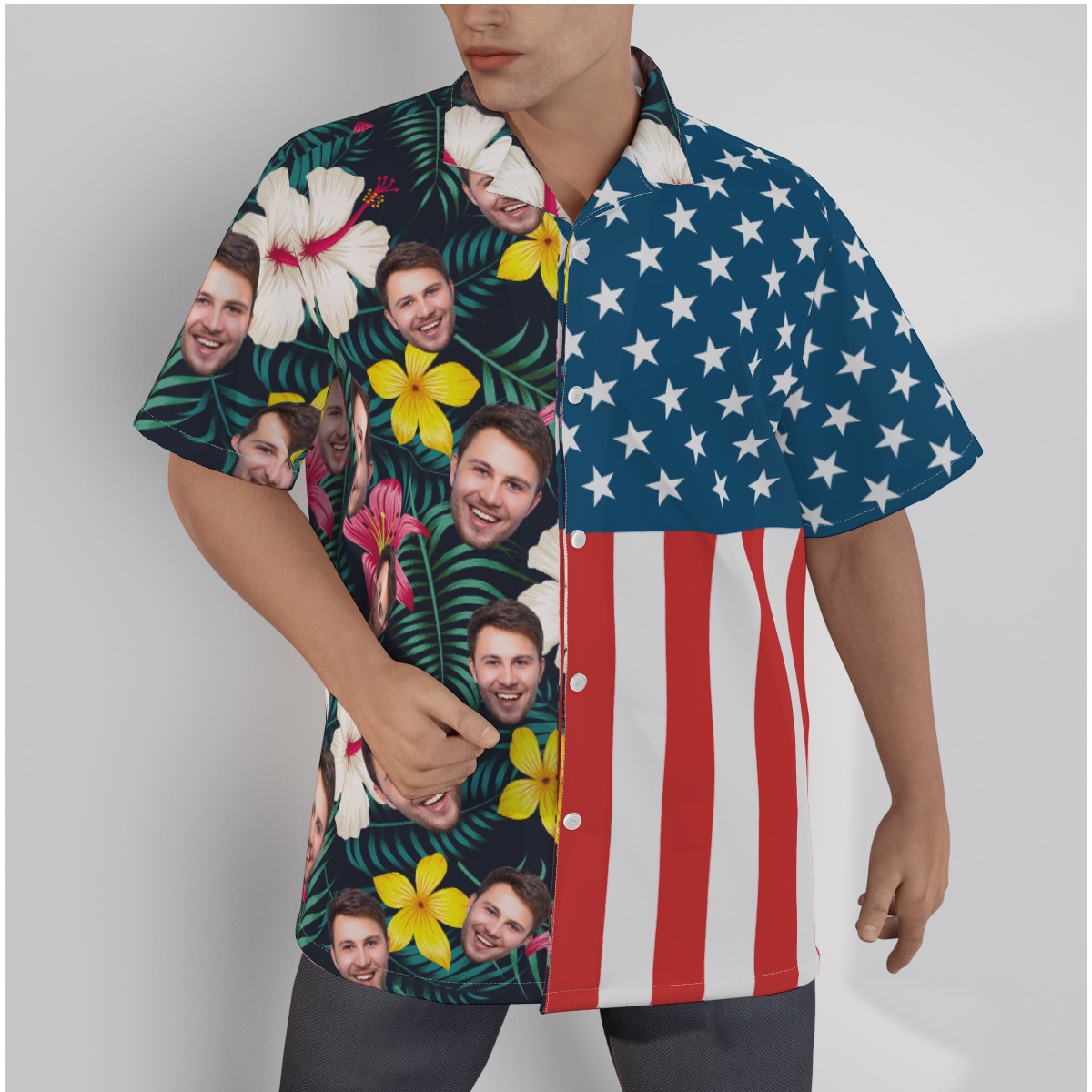 American Flag Tropical Custom Face Hawaiian Shirt - variant image 1