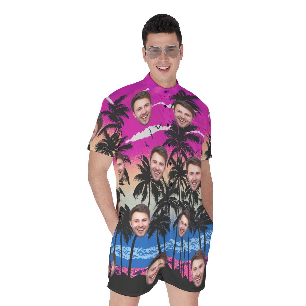 Purple Palm Tree Men's Hawaiian Romper With Custom Face - variant image 1
