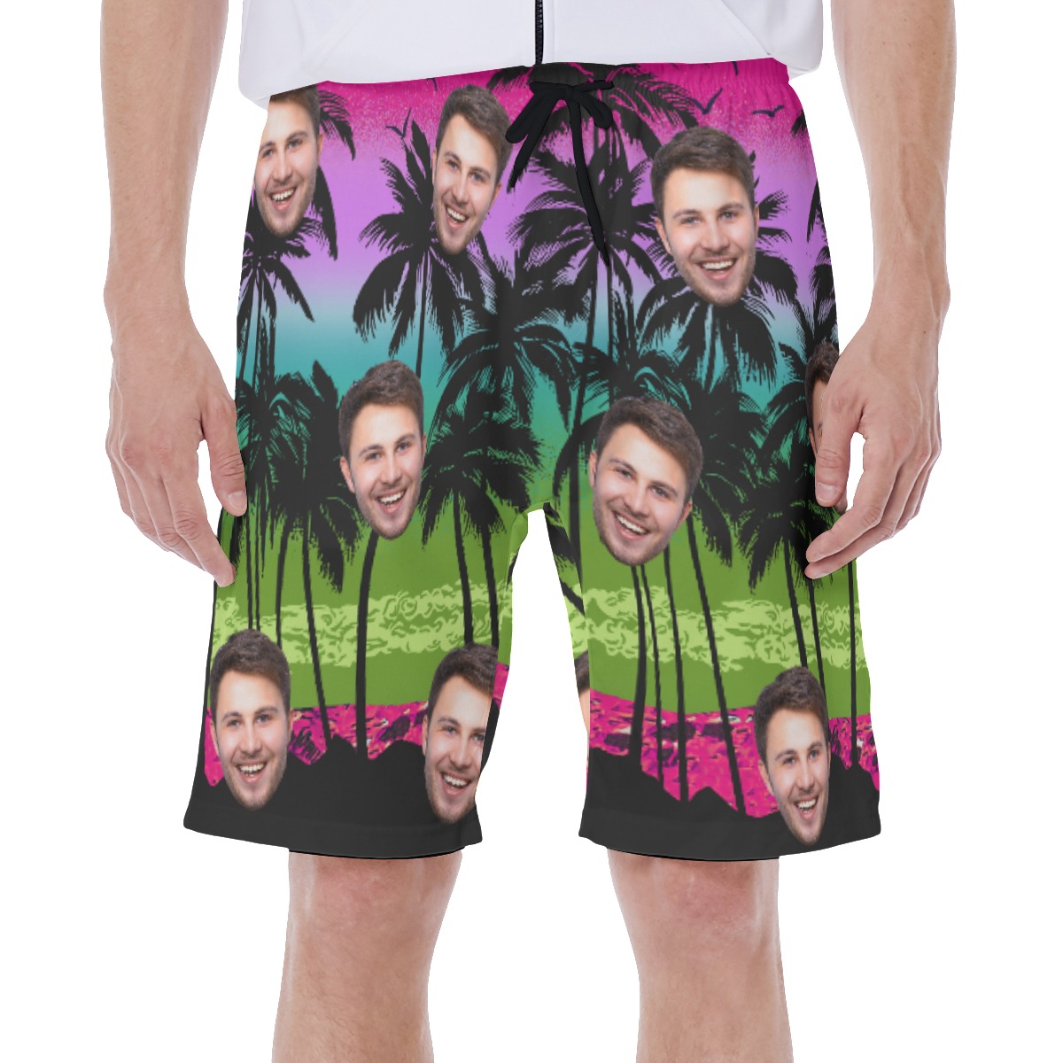 Purple Palm Tree Men's Hawaiian Shorts With Custom Face - variant image 1