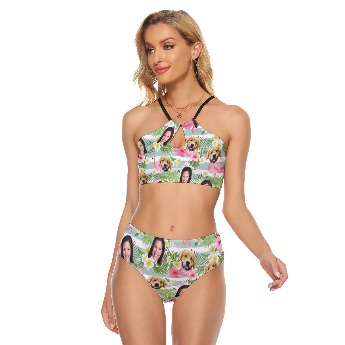 Flamingo Custom Face And Dog Hawaiian Two-piece Swimsuit - variant image 1