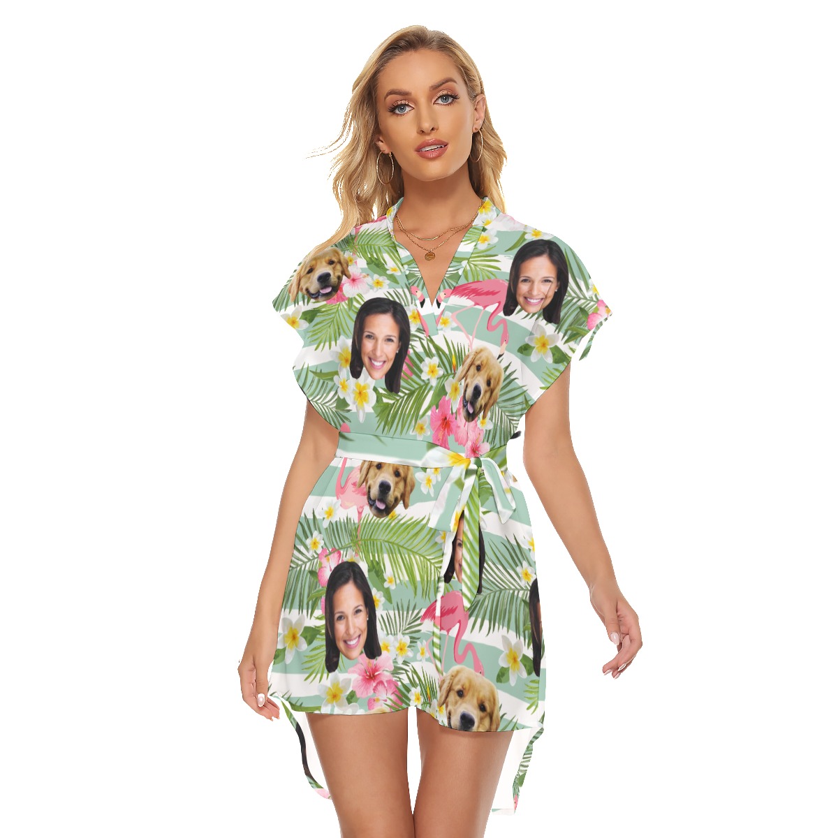 Flamingo Customize And Dog Hawaiian Dress With Belt For Women - variant image 1