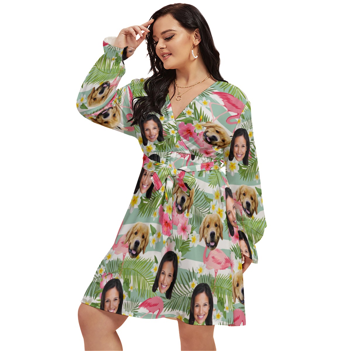 Flamingo Personalized With Dog Hawaiian V-neck Plus Size Dress - variant image 1