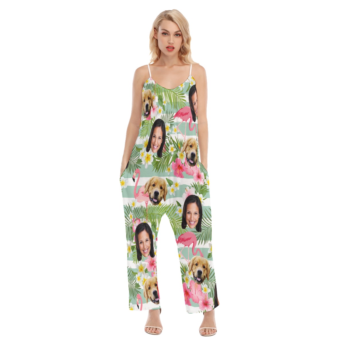 Flamingo Custom 2 Faces With Dog Hawaiian Jumpsuit For Women - variant image 1