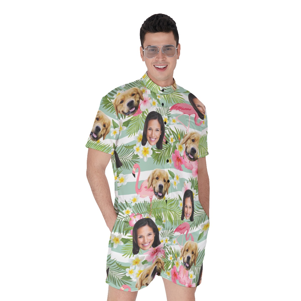 Men's Flamingo Custom Dog And Owner Face Hawaiian Romper - variant image 1