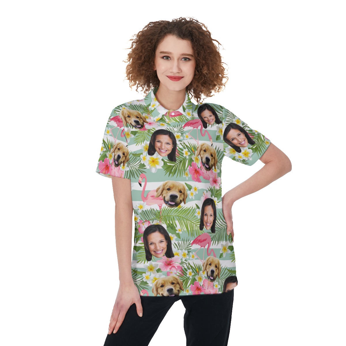 Women's Flamingo Custom Face Polo Hawaiian Shirt With Dog Face - variant image 1