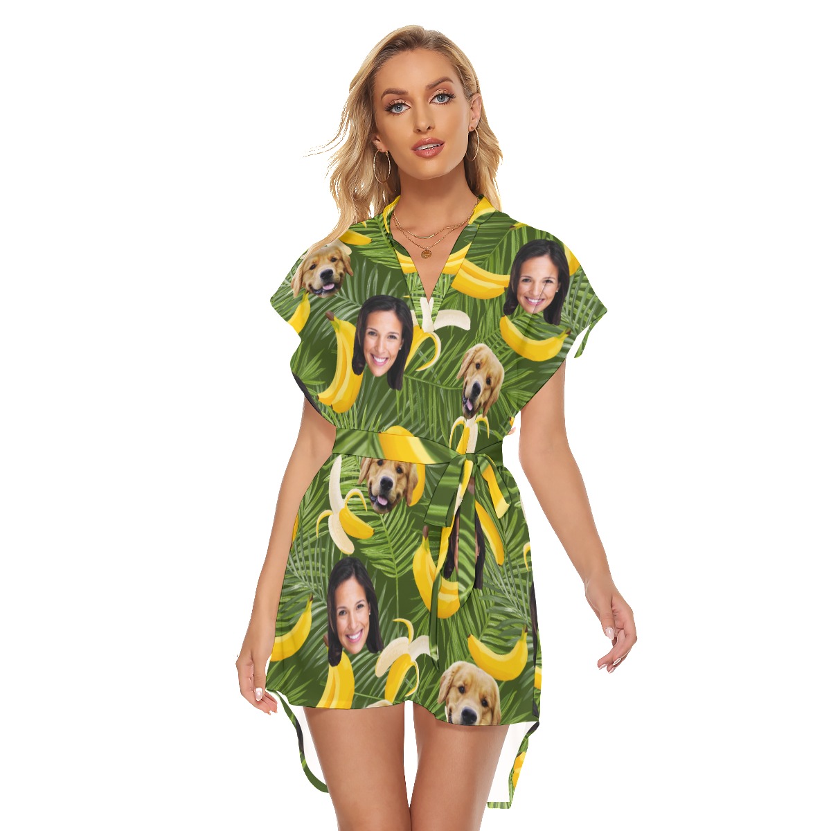 Banana Customize And Dog Hawaiian Dress With Belt For Women - variant image 1