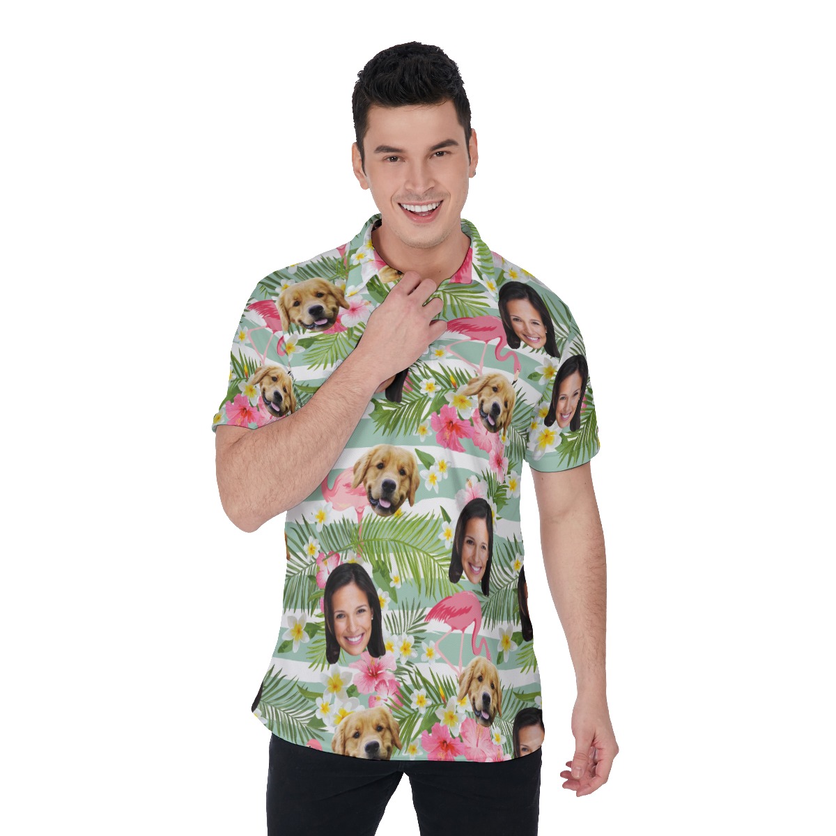 Men's Flamingo Custom Face And Dog Polo Hawaiian Shirt - variant image 1