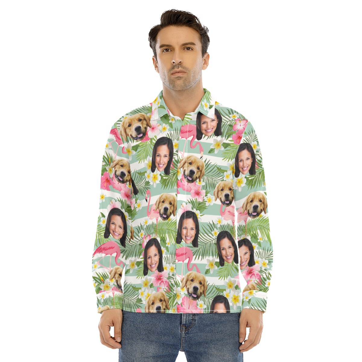 Flamingo Custom Face And Dog Long Sleeve Hawaiian Shirt For Men - variant image 1