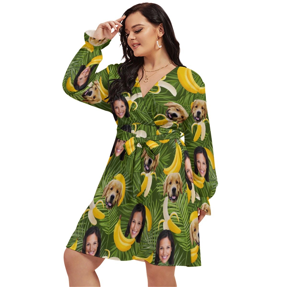 Banana Personalized With Dog Hawaiian V-neck Plus Size Dress - variant image 1