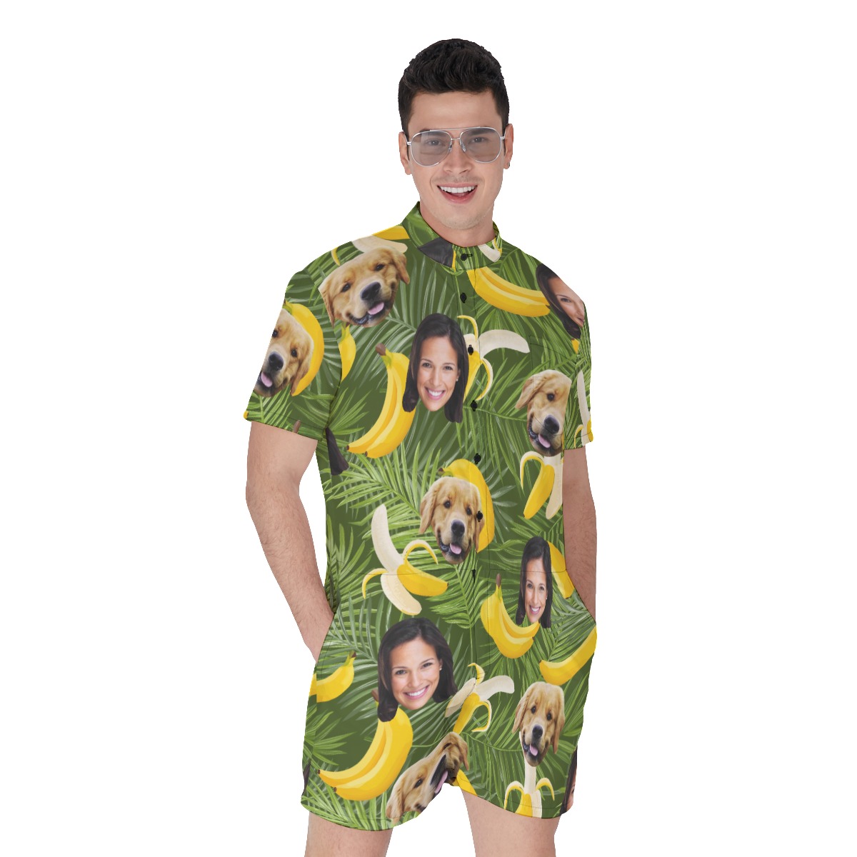 Men's Banana Custom Dog And Owner Face Hawaiian Romper - variant image 1