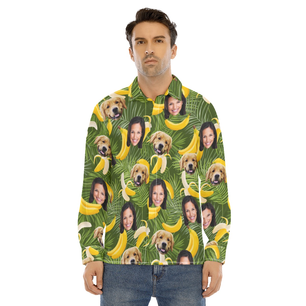 Banana Custom Face And Dog Long Sleeve Hawaiian Shirt For Men - variant image 1