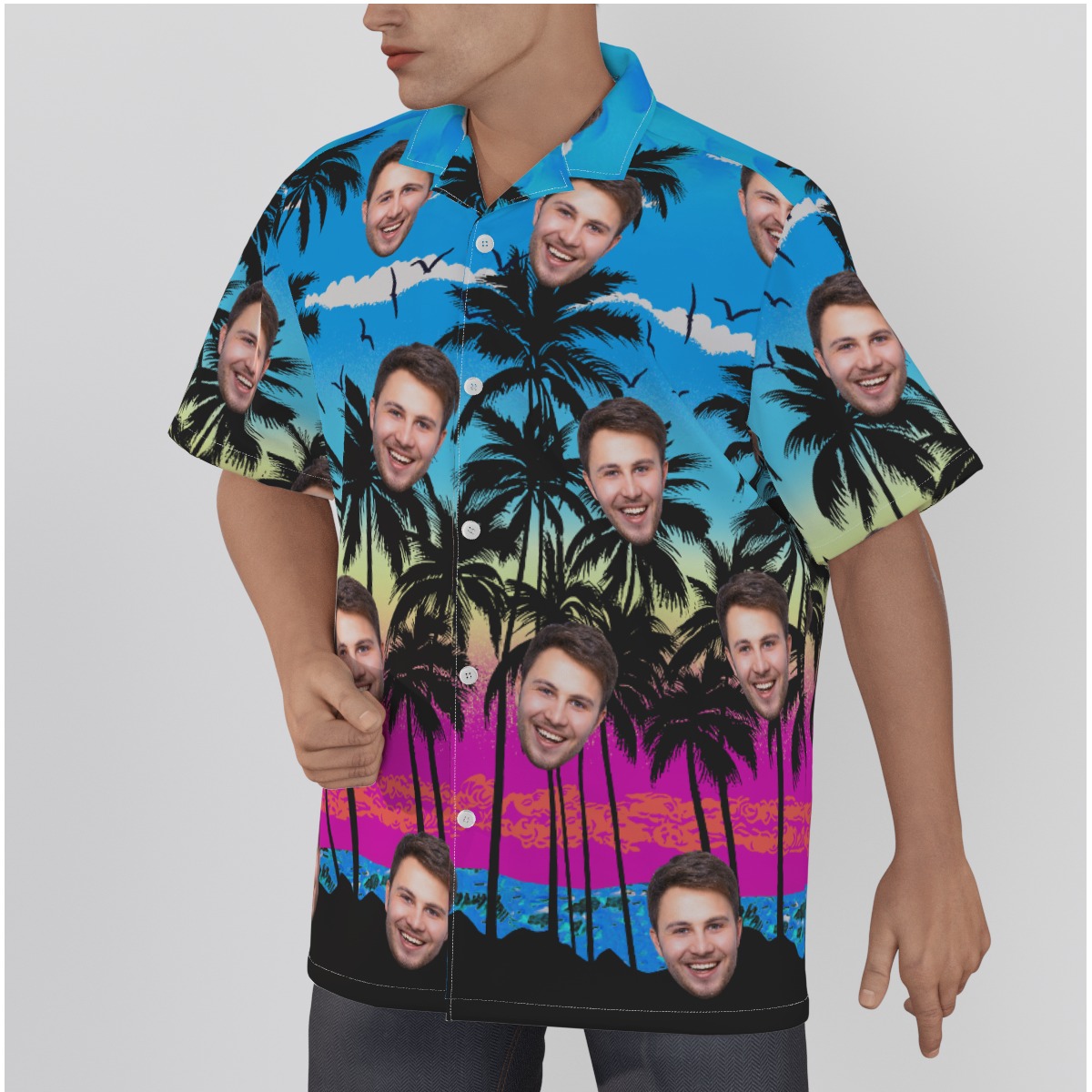 Blue Men's Hawaiian Shirt With Custom Face