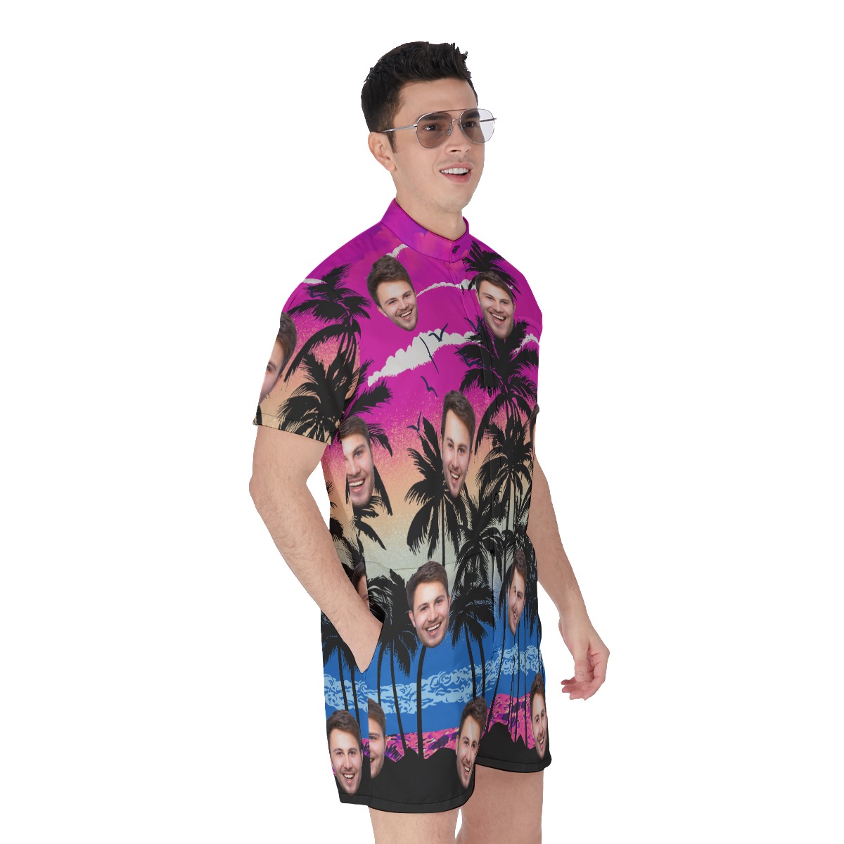 Purple Palm Tree Men's Hawaiian Romper With Custom Face