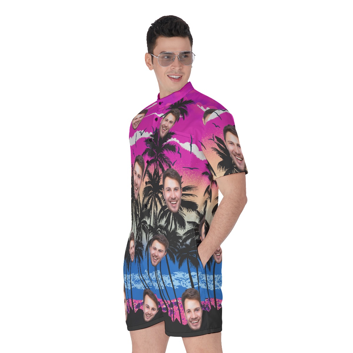 Purple Palm Tree Men's Hawaiian Romper With Custom Face