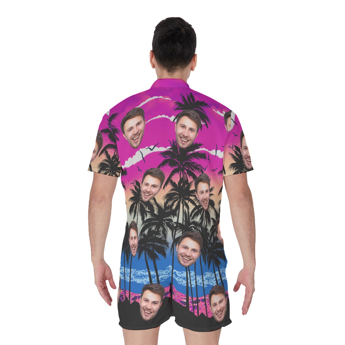 Purple Palm Tree Men's Hawaiian Romper With Custom Face