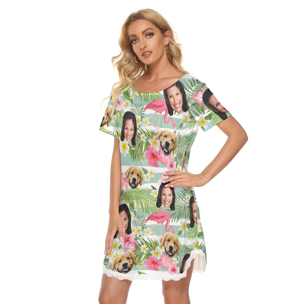 Women's Custom Dog And Owner Flamingo Hawaiian Lace Dress