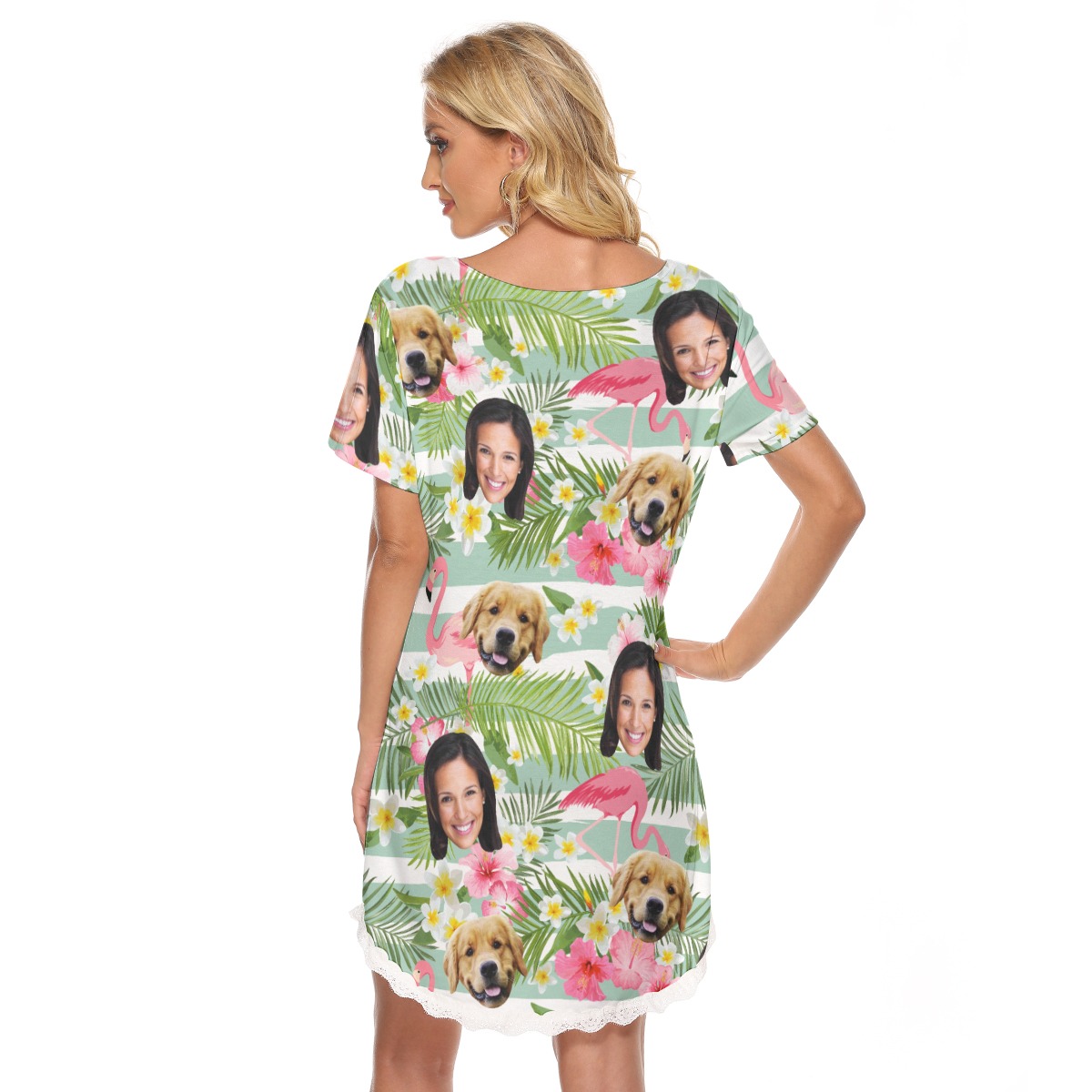 Women's Custom Dog And Owner Flamingo Hawaiian Lace Dress