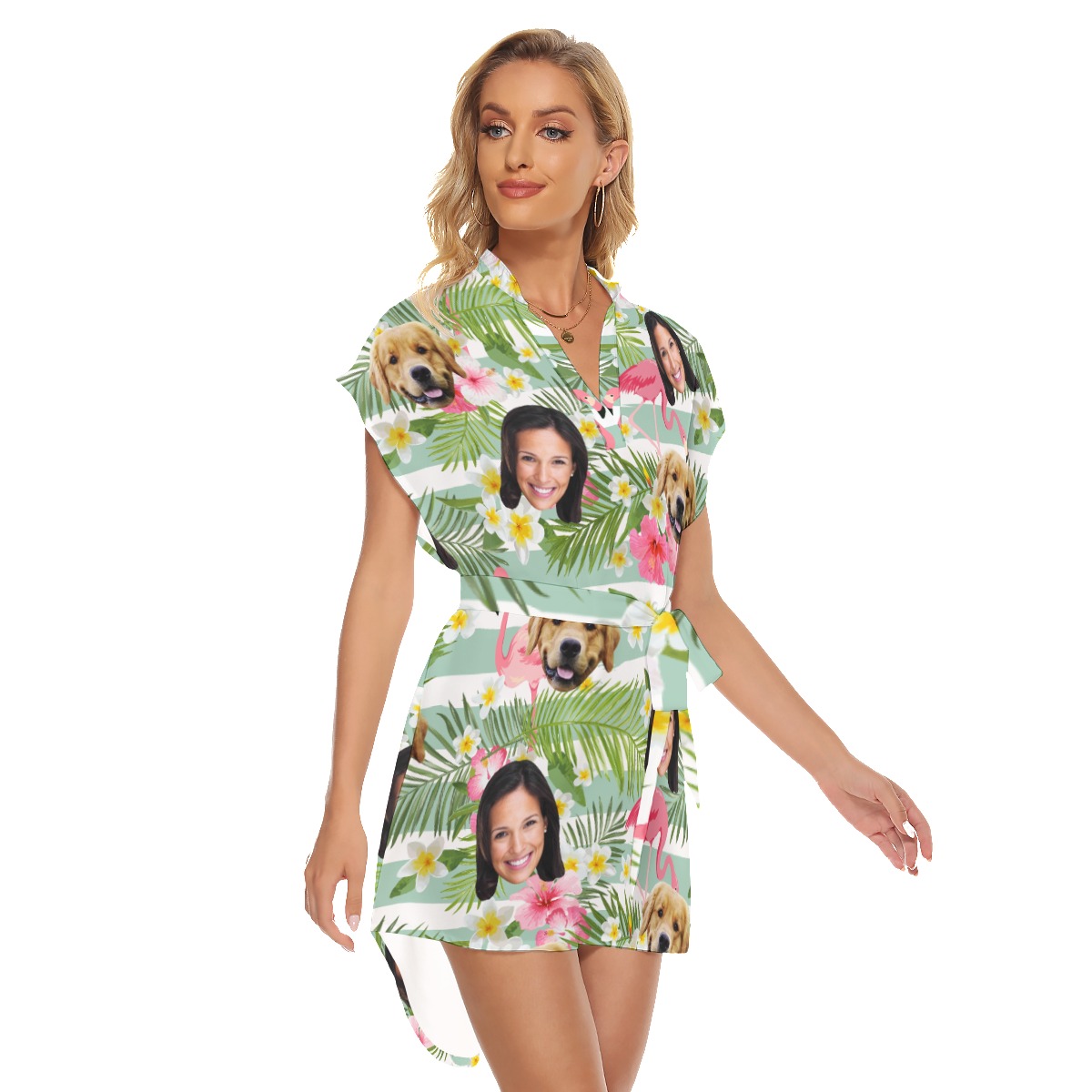 Flamingo Customize And Dog Hawaiian Dress With Belt For Women