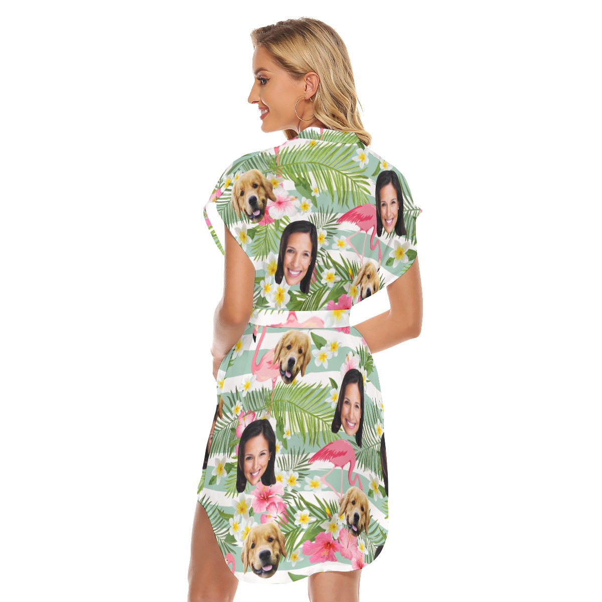 Flamingo Customize And Dog Hawaiian Dress With Belt For Women