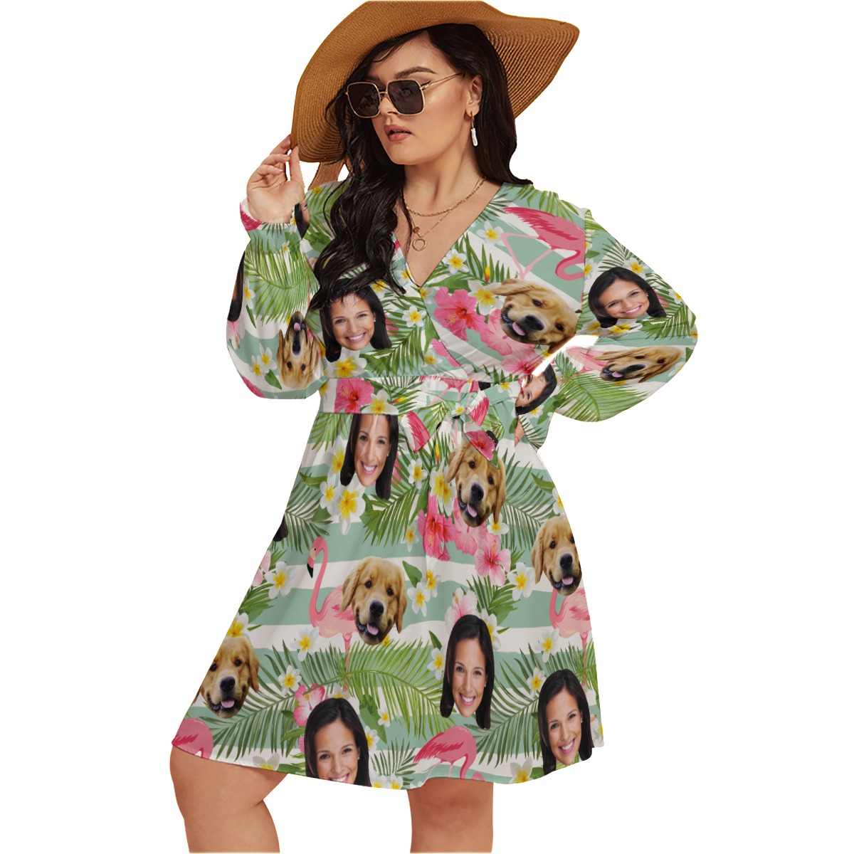 Flamingo Personalized With Dog Hawaiian V-neck Plus Size Dress