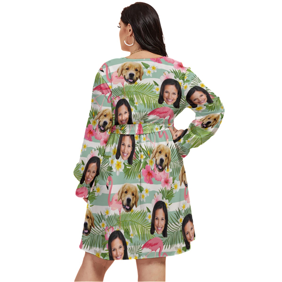 Flamingo Personalized With Dog Hawaiian V-neck Plus Size Dress