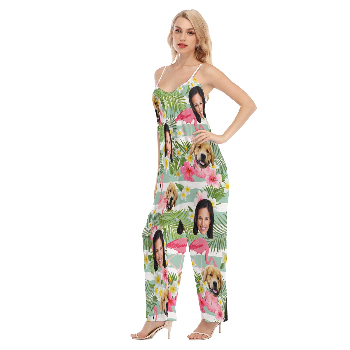 Flamingo Custom 2 Faces With Dog Hawaiian Jumpsuit For Women