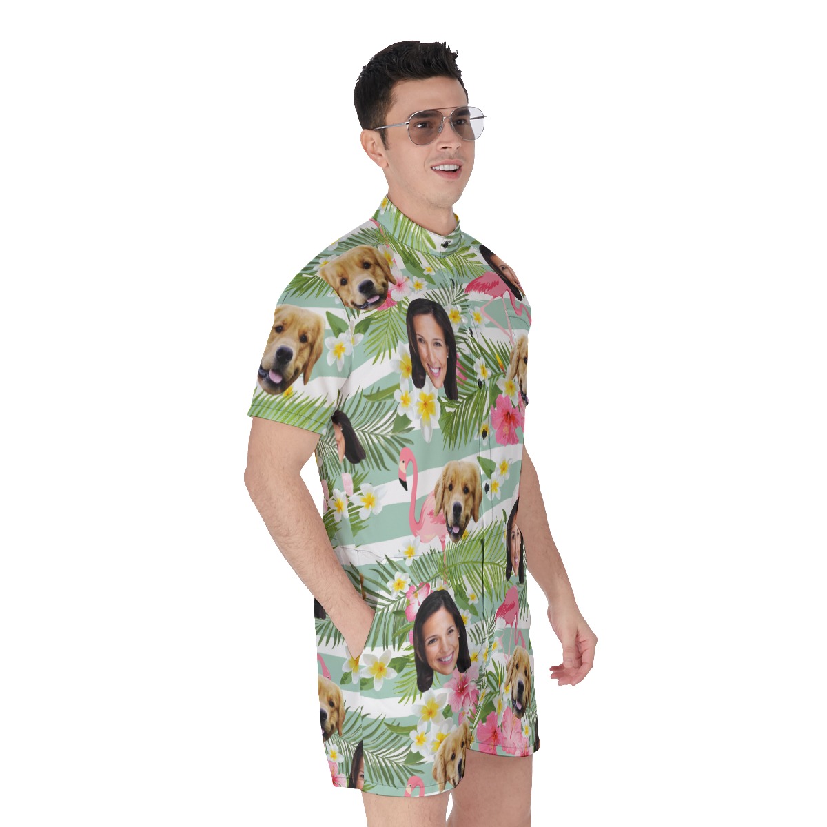 Men's Flamingo Custom Dog And Owner Face Hawaiian Romper